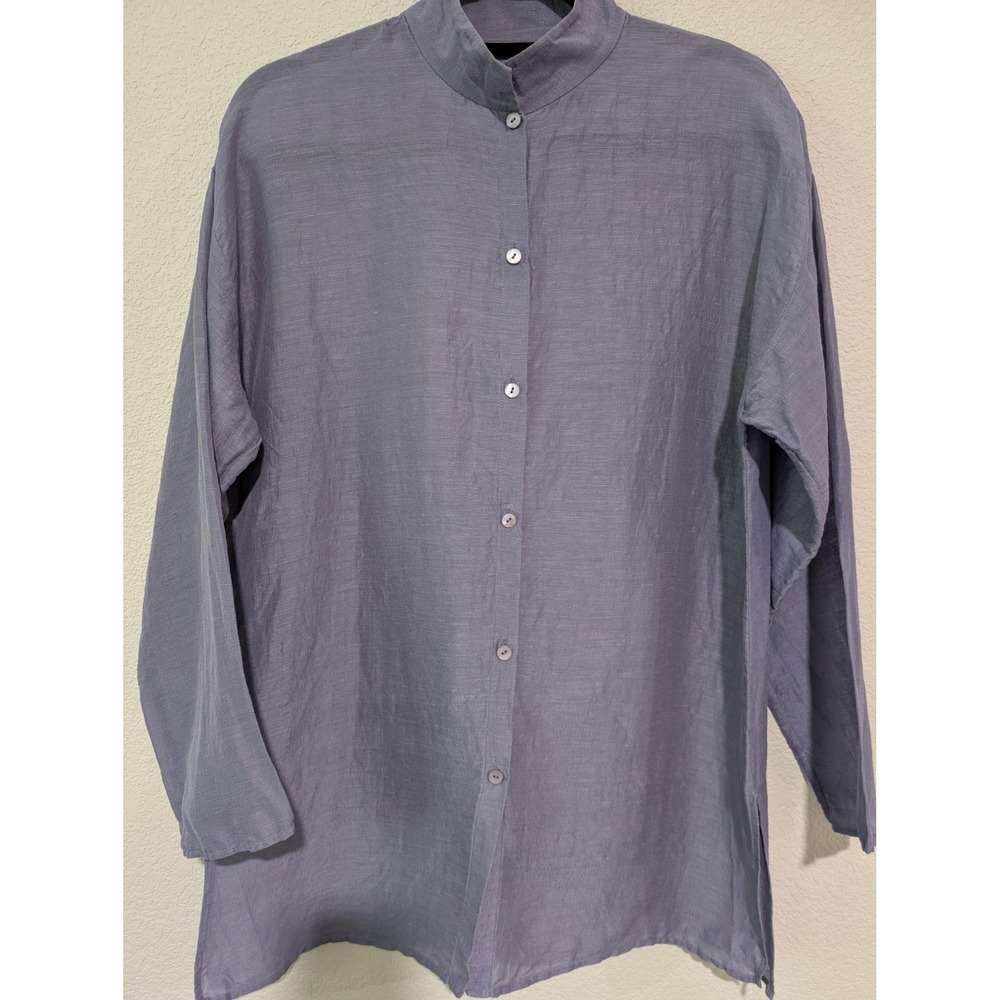 Eileen Fisher Linen Silk Tunic Women M Purple Mandarin Collar Button Down Top